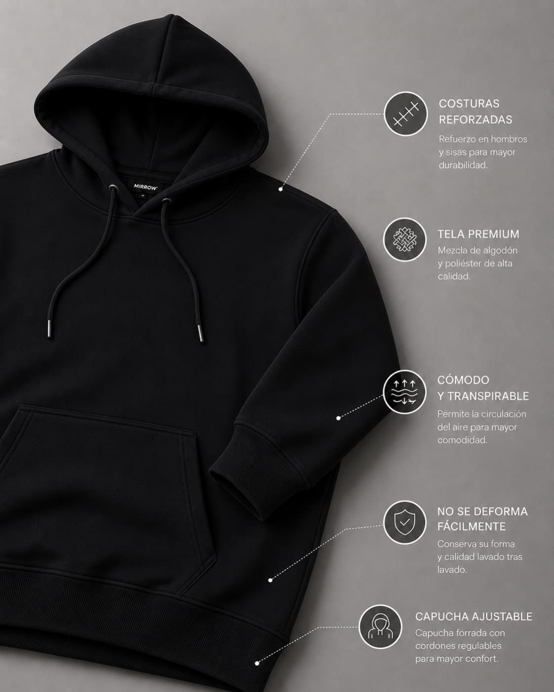 Buzo canguro liso negro — detalle