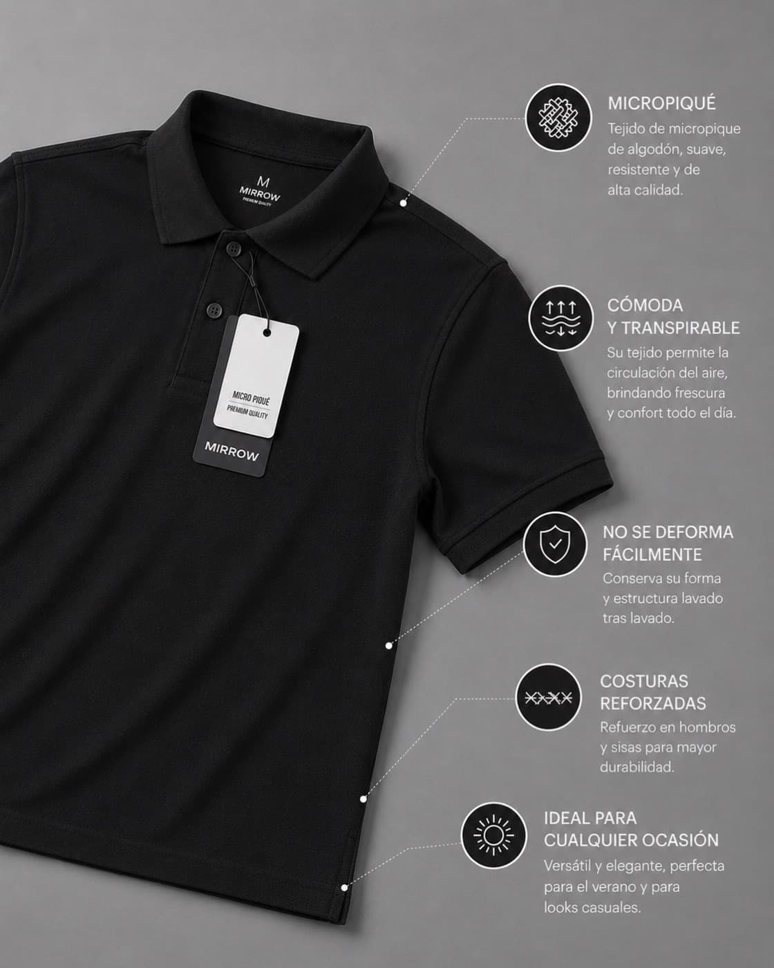 Chomba micropiqué negro — detalle